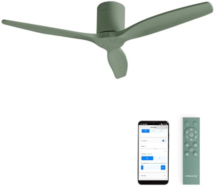 CREATE / WINDCALM M/Ventilador de techo ABS verde sage con Wifi y mando / 40W, Silencioso, Ø132 cm, 6 velocidades, temporizador, función verano-invierno