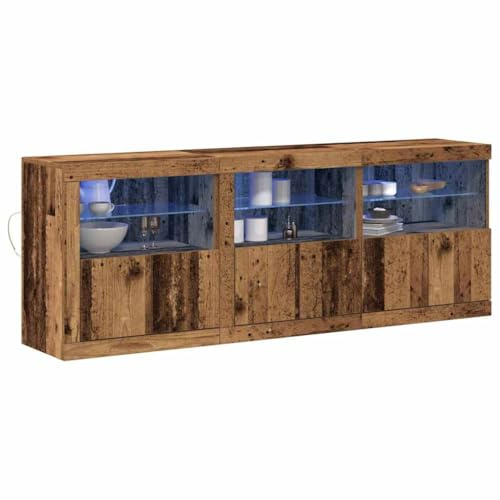 vidaXL LED-sido bord Gammalt trä 181 x 37 x 67 cm Konstruerat trä, Matsalsbänk, rektangulär modern förvaring, LED-belysning, stiliga glashyllor, praktisk display, mångsidig enhet