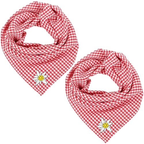 2 Stück Rot Weiß Trachtentuch Damen 50 * 50cm, Edelweiß Rot Trachtentuch Kariert Halstuch, Oktoberfest Accessoires für Bayerische Outfit Trachten Party, Verwendbar als Halstuch, Kopftuch oder Armtuch