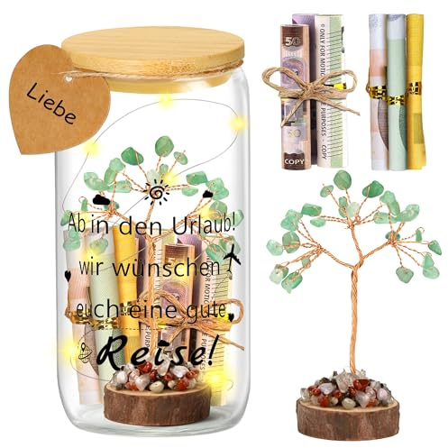 Urlaubskasse Geschenk Dekoflasche, EccoCove LED Flaschenlicht, mit Grün Aventurin Geldbaum, Geldgeschenk Reise, Reisekasse Geschenke, Heimdekoration, Baumstein, Glücksbaum