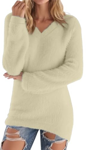 RLEHJN Fleecepullover Damen Sweatshirt Herbst Winter V-Ausschnitt Flauschig Pulli Fleece Weich Langarmshirt Lange Abschnitt Pullover Langarm Tunika Tops Strickpulli Locker Winterpullover ohne Kapuze