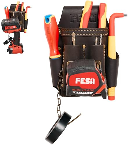 FESA Small Electrician's Tool Pouch - Leather 7-in-1 Small Tool Pouch with Steel Tape Measure or Drill Clip, Tape T-Chain & 5 Pockets - Clip On Any Belt - Handcrafted