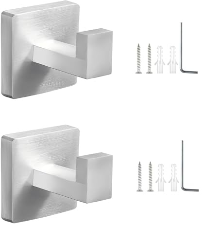 SHENGYIG 2 Stück Handtuchhaken zum Bohren | Edelstahl Handtuchhaken zum Bohren, Quadratisch Badezimmer Haken, Silber Küchenhaken, für Badezimmer, Küche, Schlafzimmer