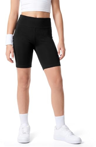 KEREDA Girls Cycling Shorts Kids Dance PE Shorts Knee Length Under Dress | Breathable Stretchy Summer Short for Kids School Athletic Gymnastics Yoga Bike Riding Black 7-14 Years