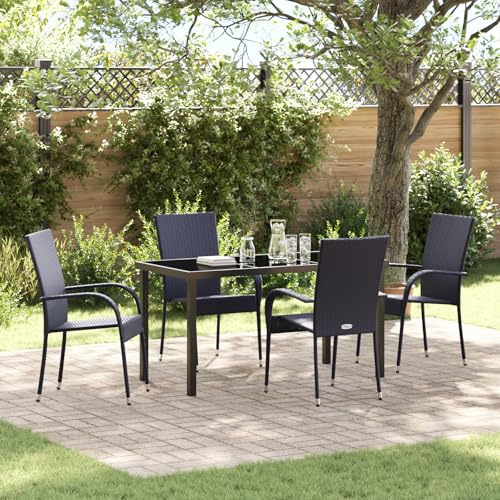 IBUQDDV 5-teiliges Gartenset aus schwarzem Poly-Rattan mit 4 Stapelstühlen und Tisch, wetterfestes PE-Geflecht für Terrasse, robuste Stahlkonstruktion, platzsparend, ergonomisch,