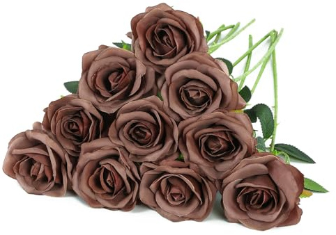 LEUCHTAMOR 10 rose artificiali in finta seta, colore marrone moka, bouquet realistico, per fai da te, bouquet da sposa, composizioni floreali, feste, decorazioni per la casa