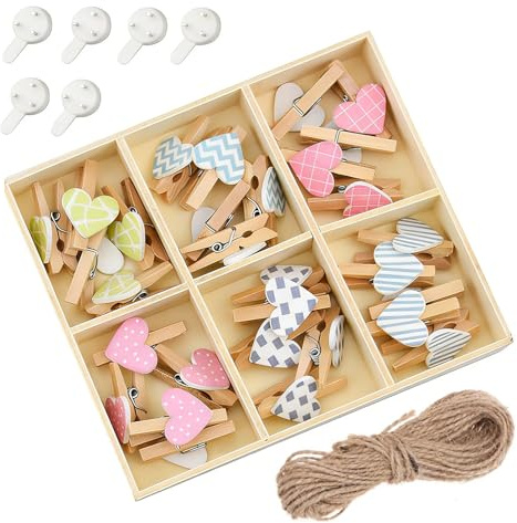 30 Piezas Mini Pinza de Madera con 10m Cuerda 6 Clavos sin Dejar Rastro | 3x0,4cm Pinzas Pequeñas, Pinzas Ropa para Fotos Tarjetas Decoraciones de Bricolaje