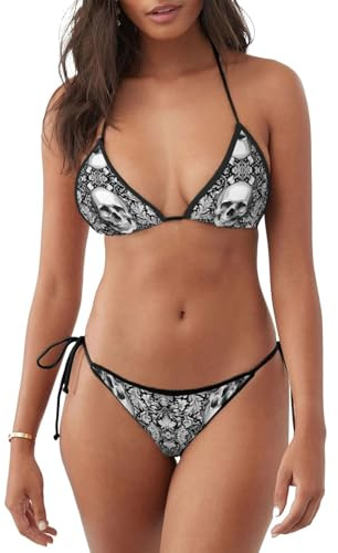 Svart dödskallar tryckt bikini set fluga tillbaka trikini baddräkter vadderad baddräkt för pool strand semester, Bikini 760, L
