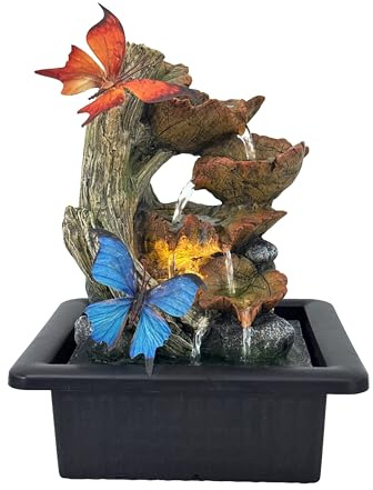 Autumn Flutters Indoor Tabletop Water Fountain with LED Light, USB Resin Butterfly Water Feature with Cascading Leaf Waterfall for Home, Office, Bedroom, Shelf & Nature Décor, 25cm