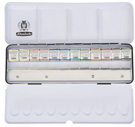 Schmincke – HORADAM AQUARELL Farbkasten mit 12 feinsten Aquarellfarben, 74412097, Metallkasten, Malset, 12 x 1/2 Näpfchen, Platz für 12 weitere 1/2 Näpfchen