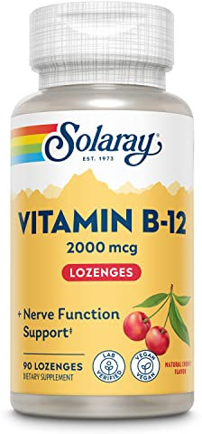 SOLARAY Vitamina B-12 2000mcg | Sabor a cereza natural sin azúcar | Energía saludable y soporte de glóbulos rojos | Sin Gluten | Apto Para Veganos | 90 Lozenges