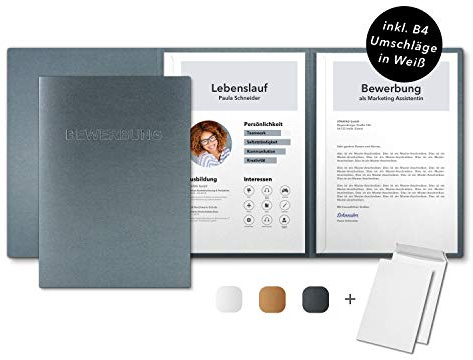 10 Stück 3-teilige Bewerbungsmappen Zink Metallic - inkl. 10 Versandumschläge in Weiß - Premium-Qualität mit hochwertiger Prägung BEWERBUNG - direkt vom Hersteller STRATAG