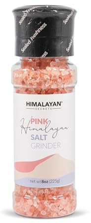 Himalayan Secrets Pink Salt Coarse Grinder - Natural Gourmet Cooking Salt, Kosher Certified, Unrefined, Mineral Rich, Bold Flavor, No Additives, Refillable Container with Ceramic Mill (8 oz)