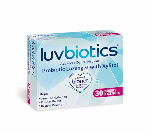 Luv Biotics Dental Probiotics Sugar Free Cherry Lozenges with Xylitol & Aloe Vera for Bad Breath, Halitosis, Gum Health, Dry Mouth & Oral Care – 30 Lozenges