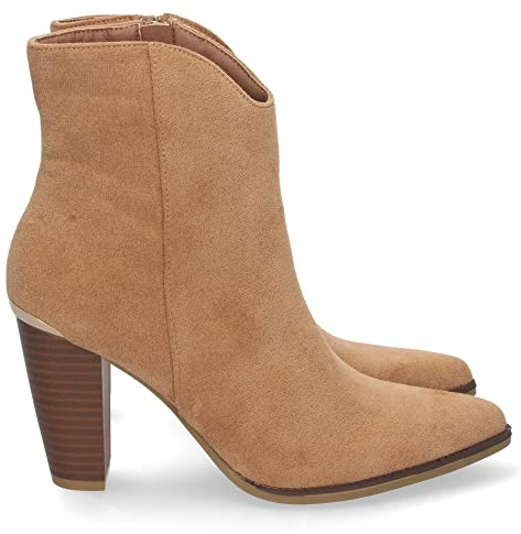 67878-Botin de Tacon para Mujer, Comodos, de Punta Fina, Estampado Liso, y Cierre de Cremallera, Otono Invierno 2022. Talla 41 Camel