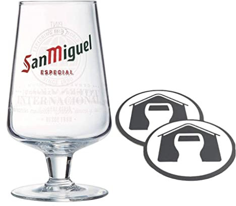 GarageBar | San Miguel Glass | Nucleated Stemmed Chalice Beer Glass | Official Merchandise | Comes with 2X Beer Drip Mats (1, Pint/20oz)