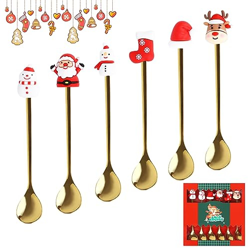 6 Pezzi Cucchiaini da Caffè di Natale, Set di Cucchiai Natalizi in Acciaio Inossidabile, Cucchiaino da Caffè in Acciaio Inox con Ciondolo Natalizio per Caffè, Confezione Regalo Set (JSCS0725)