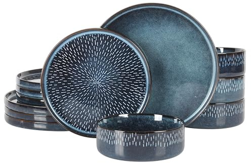 Gibson Elite 12 Piece Matisse Moderna Stoneware Reactive Glaze Plates and Bowls Dishes Dinnerware Set - Cobalt Blue