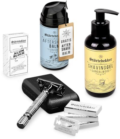 Störtebekker® Premium Rise 'N Shine Shaving Set - Rasierset für Herren - mit Rasierhobel (Schwarz) inkl. Etui (Schwarz) & 10 Klingen, Rasiergel, After Shave Balm & Alaunstein - Rasier Set Männer