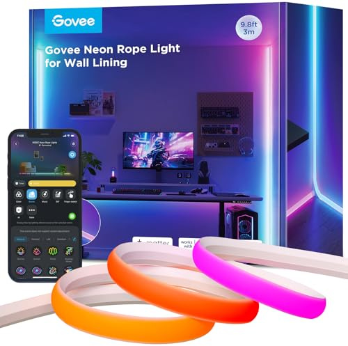 Govee RGBIC Neon LED Strip Light for Skirting Board, 3M Neon Rope Light Work with Matter, Alexa & Google Assistant, LED Rope for Living Room, Corridor