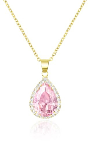 Linawe Pink Rosa Kette Halskette Damen, Goldkette Anhänger Halsketten Goldener Schmuck Set, Gold Charm Kette Diamant Geburtsstein Kristall Kettenanhänger Goldene