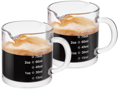 Ackers 2 Pack Measuring Cups, 75ML Espresso Cups with Handle, Espresso Shot Glasses with V-Shaped Mouth, Clear Accessories, Milk Frothing Pitcher