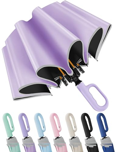 Seniny Travel Umbrella with Carabiner Handle, Windproof Large Umbrellas for Rain with Dual-Rib Structure, Portable Compact Umbrella with Reflective Strip, Car Backpack UV Umbrellas for Sun Protection