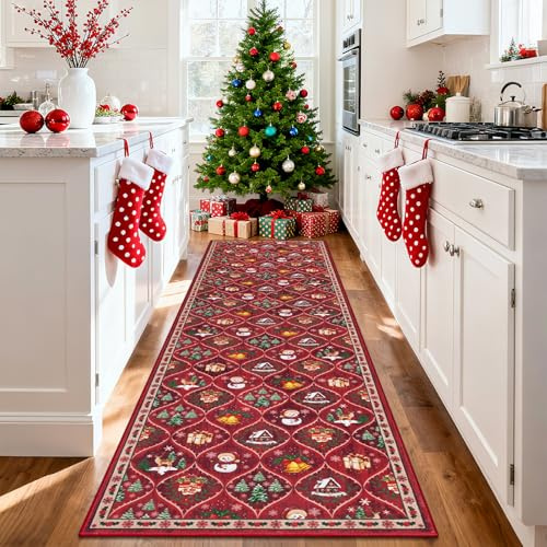 Enyhom Weihnachts Flur Teppich Läufer, 80 x 300 cm Waschbar rutschfest Teppichläufer Weich Kurzflor Lang Teppich für Wohnzimmer, Schlafzimmer Eingang Küchen Läufer