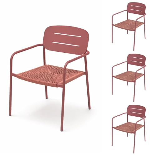 LOLAhome Pack de 4 sillas Deluxe jardín Moshi de Acero Paprika con Asiento encordado de Rafia, apilables, Elegantes, para Comedor, Tratamiento Exterior, Resistentes UV y Humedad