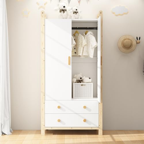 Kelodan Armario de 2 puertas, armario con barra para colgar, 2 cajones, para dormitorio, salón, pasillo, armario de madera aglomerada, cuerpo blanco + marco de pino, 90 × 45 × 180 cm