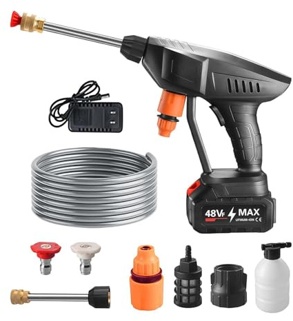 Pistola a spruzzo per tubo idropulitrice senza fili, kit idropulitrice portatile alimentato a batteria con ugello e tubo da 5 m/16,5 piedi per lavare auto/pulizia di pavimenti/giardino