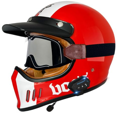 Casco Moto Integrali Bluetooth Approvato DOTECE Caschi Integrale Retrò Con Occhiali Elmetto Integrato Con Altoparlante E Microfono Casco Cross E Off-Road Per Uomini Donne K,XXL:63-64CM