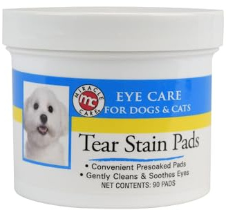 Miracle Care Tear Stain Pads, 90 Single Use Pre-Soaked Pads to Gently Clean and Soothe Dog and Cat Eyes, Non Stinging Formula to Improve Tear Stains and Remove Eye Debris