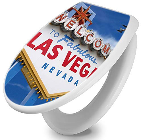 banjado Toilettendeckel mit Absenkautomatik 44,5x37cm / WC Brille Soft Close/hygienischer Toilettendeckel/Klodeckel Duroplast Edelstahl Scharniere einfache Montage/Motiv Las Vegas