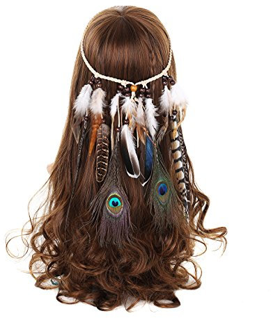 AWAYTR Damen Hippie Boho Indianer Stirnband Feder Stirnbänder für Abendkleider Halloween Karneval(Pfau und Natürlich Fasan Feder Stirnband)