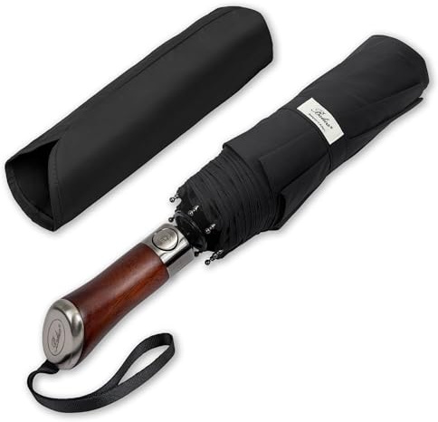 Balios (Designed in UK Travel Umbrella Luxurious Golden Hardwood Handle Auto Open & Close Windproof Frame Single Canopy Automatic Folding Umbrella Men's & Ladies (Jet Black)