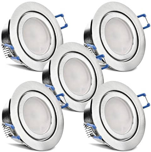 trendlights24 Mare LED Decken Einbaustrahler IP44 flach dimmbar 5W 5er Set | Edelstahl Optik gebürstet, rund, ultra flach, Einbautiefe 35 mm, 230V, Spots, Neutralweiß, 4000k, Feuchtraum, Bad, außen