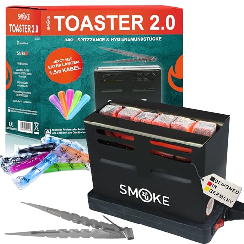 SMOKE 2U ® Brödrost 2.0 | Premium elektrisk shisha koltändare med gallerskydd inklusive tång och hygienmunstycken | 800 W tresidigt värmesystem | under 6 min klar