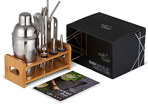 Oak & Steel - kit da Cocktail Completo - Set di 13 Shaker per Cocktail con Supporto in Legno e Ricettario