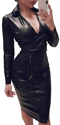 Minetom Femme Cuir PU Robe Courte de Club Soirée Sexy Bodycon Manches Longues Col V Cocktail Cérémonie Mini Dress avec Ceinture B Noir XL