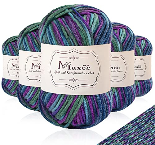 Maxee Handstrickgarn, 5x50 g Häkelgarn, Bunt Farbverlauf Acrylgarn zum Stricken, Weicher Wolle zum Häkeln, Mehrfarbiges Garn zum Stricken Häkeln und Basteln