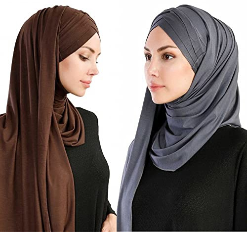 Rayiisuy Conjunto de 2 piezas de jersey Hijab ligero suave color sólido instantáneo Hijab chales y envolturas musulmanas bufanda de cabeza elástica, café, gris,