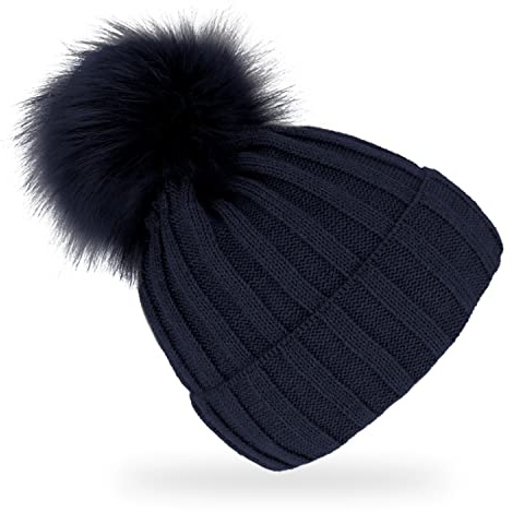 fiebig Strickmütze mit Kunstfell Bommel | Mütze aus Wolle mit Fleece-Futter | Beanie Made in Europe