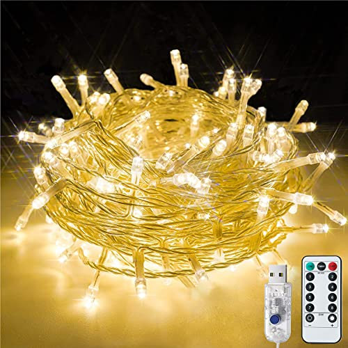 Outdoor Christmas String Lights 120LED/43FT Plug-in with 8 Mode Timer, Remote Control Waterproof Fairy Twinkle Lights for Garden Terrace Bedroom Party Christmas Decorations (Warm White)