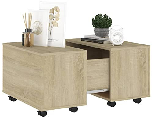 Susany Couchtisch Akzenttisch Wohnzimmertisch Tisch Ausziehbar Esstisch Beistelltisch Kaffeetisch Sofatisch Tisch Stubentisch 60 x 60 x 38 cm (L x B x H) Mit 1 Innenfach und Rädern,Sonoma-Eiche