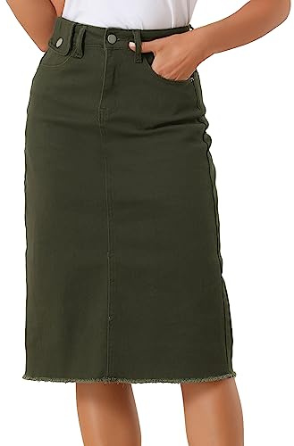 Allegra K Falda de mezclilla casual para mujer cintura alta trasera | Debajo de la rodilla, tela vaquera clásica, línea H, moda moderna, casual, longitud media, estilo occidental