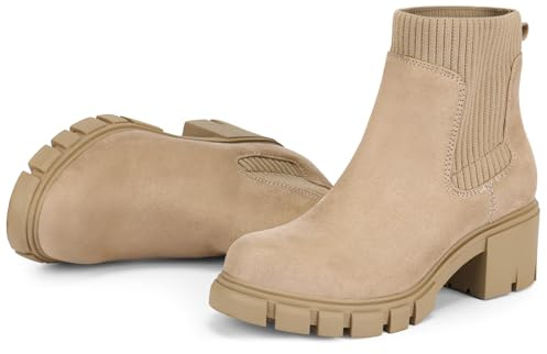 FITORY Womens Chelsea Boots, Elastic Ankle Booties with Chunky Mid Heel and Lug Sole, Comfy Trendy Slip on Shoes for Fall and Winter Tan Size 8