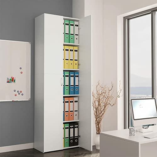 Festnight Armario de Oficina Madera, Armario Archivador Oficina con 2 Puertas y 5 Estantes, Armario de Almacenamiento para Oficina, Salón y Escuela, Librerías de Oficina, Blanco 60x32x190 cm