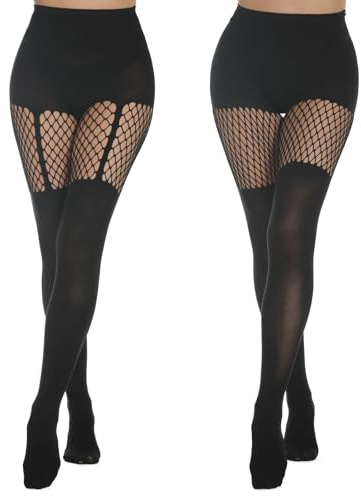 MANZI 2 Pairs Women's Suspender Opaque Fishnet Stockings Thigh High Mesh Fishnets Black Stocking Tights