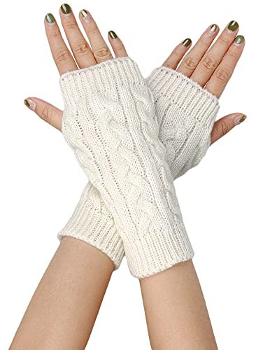 Wambere 1 Paar Damen Fingerlose Handschuhe Winter Armstulpen Handstulpen Fingerless Gloves Handgelenkwärmer Kurzfingerhandschuhe Winterhandschuhe Wärmer Strick Kurzer Gestrickte Handschuhe,Weiß